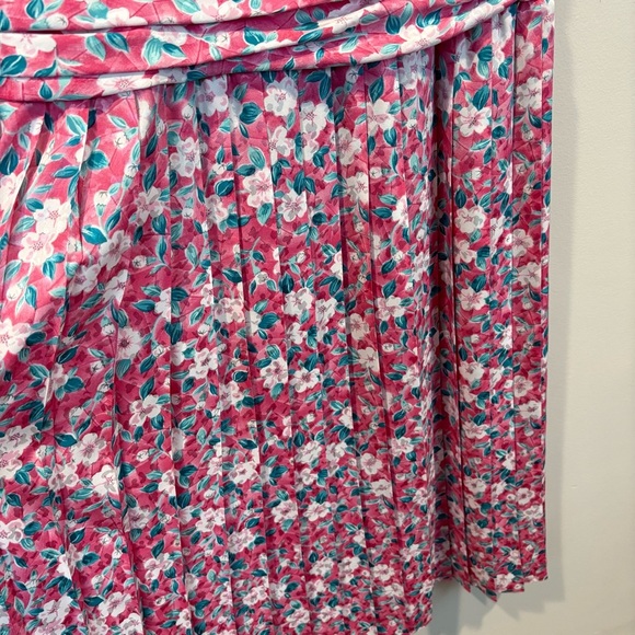 Vintage 80s Maggy Boutique Floral Pleated Skirt Ruched Waist Satin Midi Dress - Picture 4 of 11